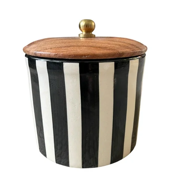 Hand Painted Striped Ceramic Canister w/ Wood Lid Made in India Black Cream NEW - Picture 2 of 15